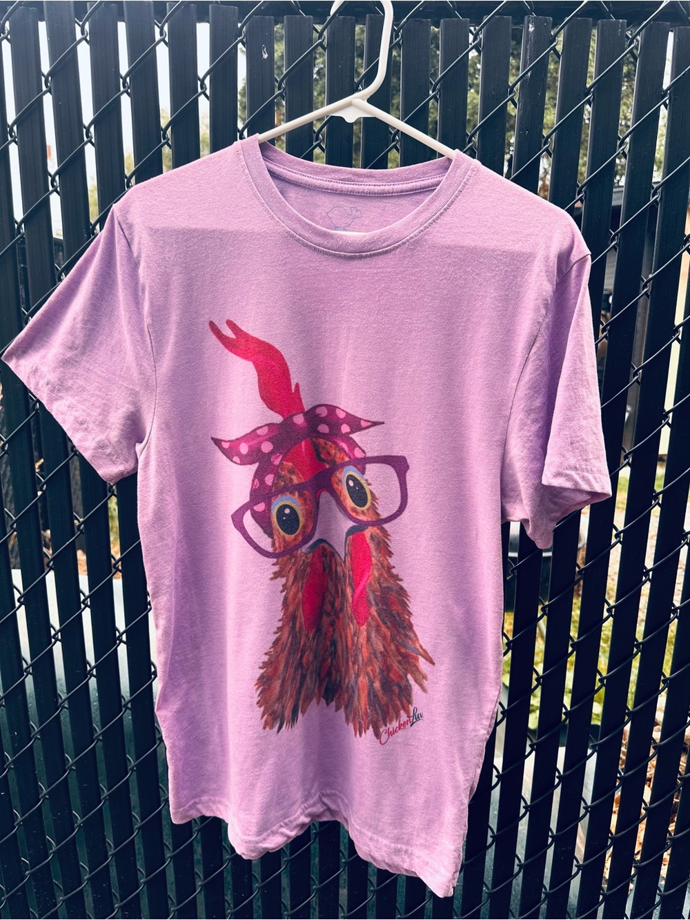 Women’s purple Short Sleeve Graphic Tee with Chicken in glasses  Design